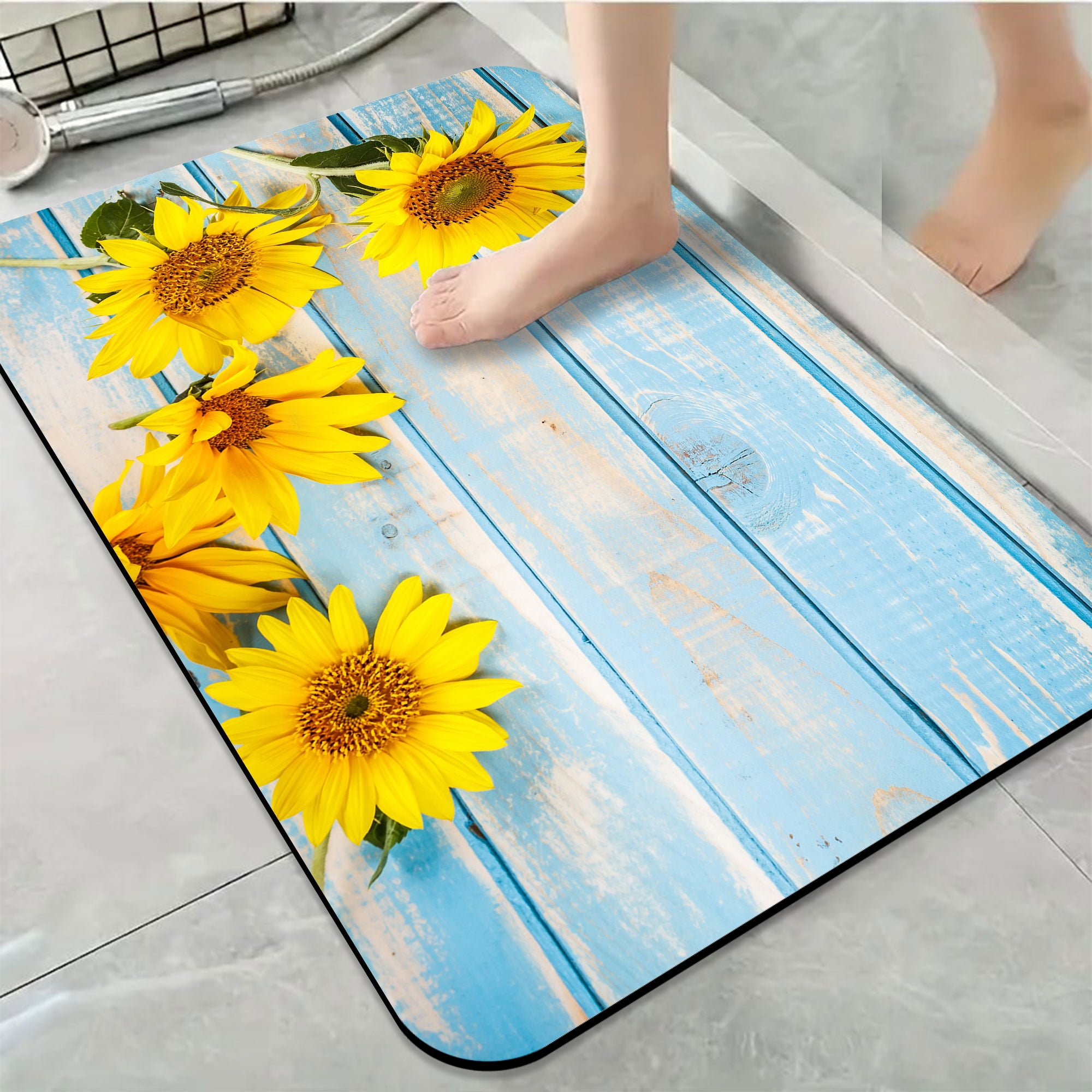 1pc Sunflowers on Blue Wood Bathroom Rug Bathroom Decor and Qccessories ...