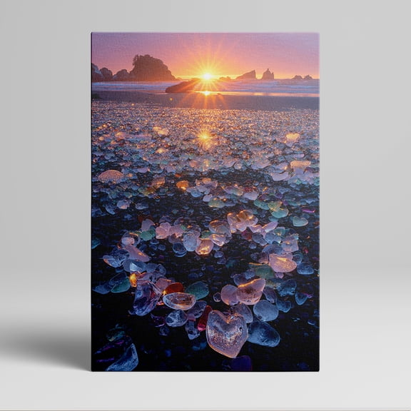 1pc Sunset on Beach with Sea - glass Heart - shaped Stones Framed Decor room hanging Wall Picture Decor for Home Gifts, living room, bathroom, bedroom, kitchen wall art decor canvas wall art