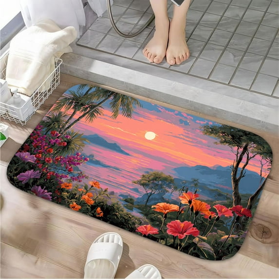 1pc Sunset over Seaside Absorbent Non-Slip Bathroom Thickened Flannel Rug Decor,Soft,Quick Drying,Suitable For Indoor/outdoor Use,Bathrooms,Bedrooms,Kitchens,Terrace,Laundry Rooms,16"x24"