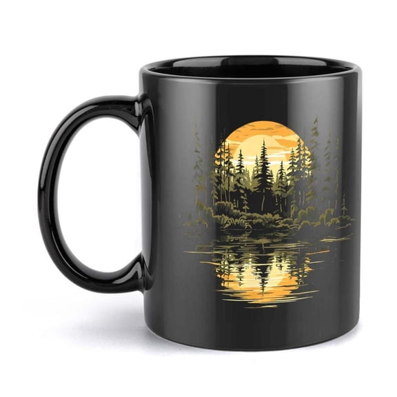 1pc Sunset Trees Ceramic Coffee Mug 11oz Black Nature Inspired Cup with Lake Forest Design All Seasons Ideal Christmas New Year Holiday Mug Landscape Mug Durable Drinkware Coffee Bar Accessories