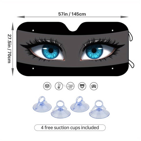 1pc Sunshade for RV Windshield with Deep Sky Blue Eyes Pattern, Front Window Windshield for RV SUV Trucks Interior Sun Protection with 4 Free Suction Cups, 57" x 27.5" Foldable Vehicle Accessories
