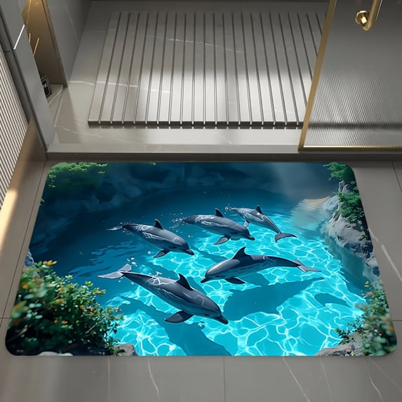 1pc Super Absorbent Bath Mat Dolphin Bay Ocean Theme Quick-Dry Non-Slip ...