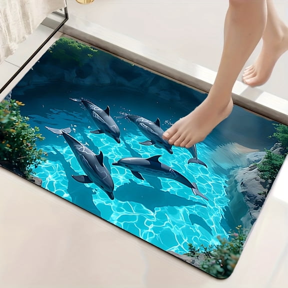 1pc Super Absorbent Bath Mat Dolphin Bay Ocean Theme Quick-Dry Non-Slip Diatomite Mat for Bathroom Shower Tub Kitchen Laundry Easy Clean Christmas Gift Modern Decor