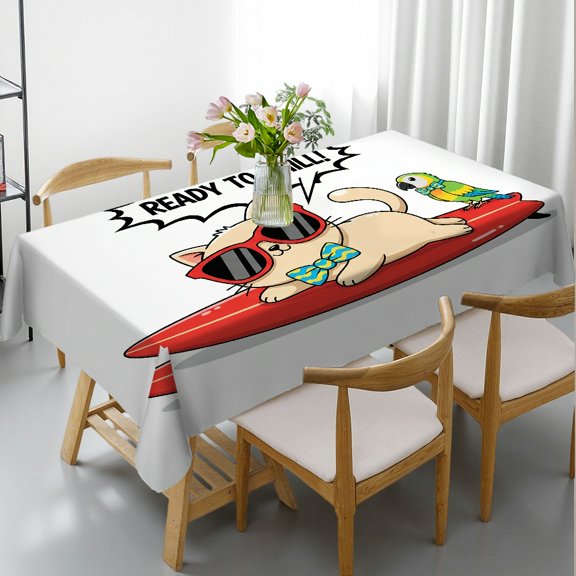 1pc Surf's Up Chill Cat Print Tablecloths rectangle tables large size, Machine-Made Festive Table Setting, Surf's Up Chill Cat
