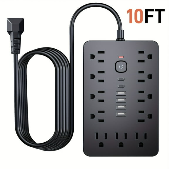 1pc Surge Protector Power Strip With 11 AC Outlets, 4 USB-A And 2 USB-C Ports And Switch, 5FT/10FT Extension Cord, Desktop Charging Station With Overload Protection, For Home, Office, Travel,
