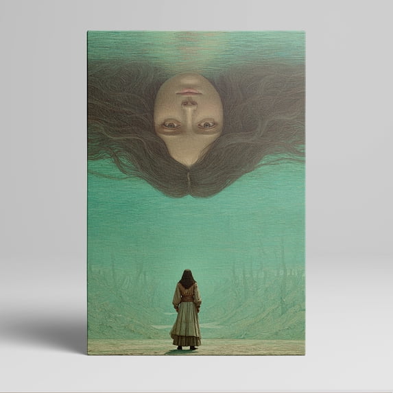 1pc Surreal Underwater - themed Canvas Wall Art with a Woman's Upside - down Floating Head and Another Figure Standing Below, framed Decor room hanging Wall Picture Decor for Home Gifts, living room,