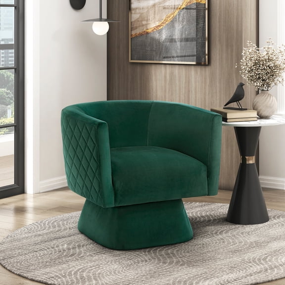 1pc Swivel Chair Green Velvet Fabric Upholstery Solid Wood Diamond Pattern Stitched Back Comfort Chair Living Room Furniture