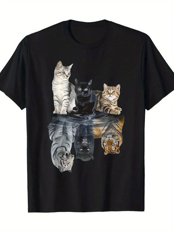 1pc T-Shirt 100%, Seasonal Casual Men'S Cat Reflection Mirror Lion Cheetah Tige