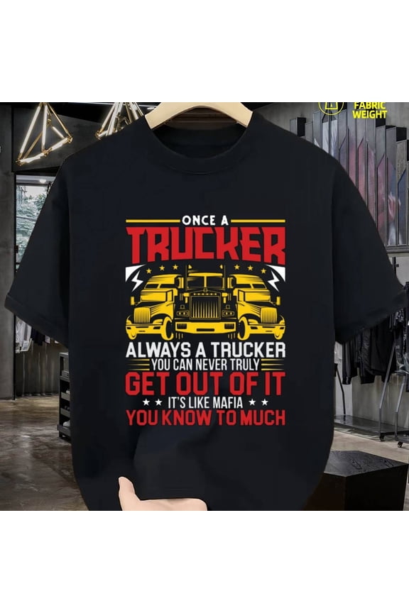 1pc T-Shirt for Men Graphic Casual Short Sleeve Round Neck - Men'S Black Graphic T - Shirt with Once a Trucker Slogan & Semi - Truck Design