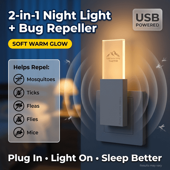 1pc TAZTIR Soundwave Technology Pest Repeller Plug-in Suitable for Home, USB-Powered Night Light with Soundwave Technology Bug Zapper, Chemical-Free Suitable for Mosquitoes, Roaches, Mice