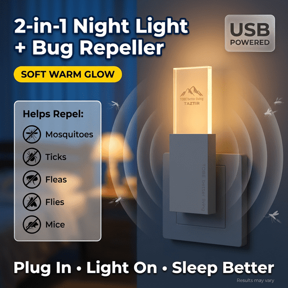 1pc TAZTIR Soundwave Technology Pest Repeller Plug-in Suitable for Home, USB-Powered Night Light with Soundwave Technology Bug Zapper, Chemical-Free Suitable for Mosquitoes, Roaches, Mice