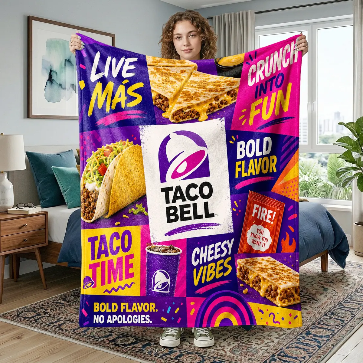 Cheesy Fast 1pc Taco Bell Food Collage Fleece Blanket, Colorful Fast Food Poster ...