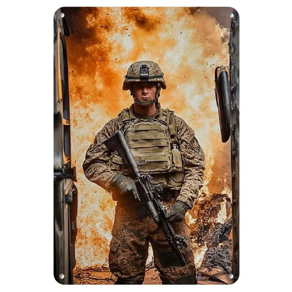 1pc Tactical Soldier in Flames Scene Metal Wall Art, 8x12 Inch - Iron Durable Decor for Bars, Clubs, Cafes, Restaurants, Billiard Rooms, Hotels, Homes, Offices, Bedrooms, Bathrooms, Garages