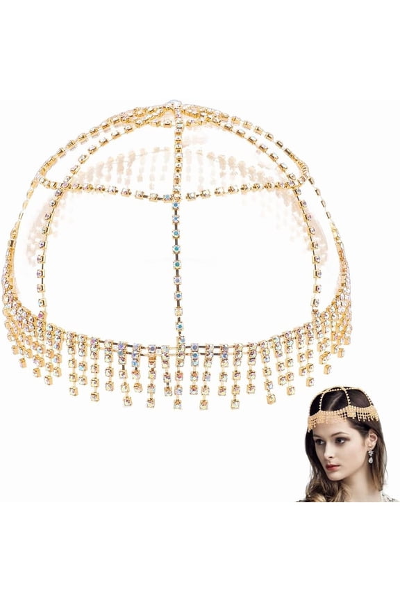 1pc Tassel Rhinestone Headpieces Layered Head Chain Mesh Roaring 20s Jewelry Sparkly Bridal Headbands Wedding Prom Hair Flapper Caps Headwrap for Women and Girls Brides Prom Gold