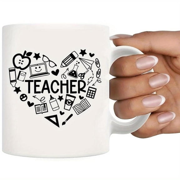 1pc Teacher Appreciation Mug Heart shaped Classroom Decor Hot Cold Beverages Ceramic Cup Educators Teachers Professors White Coffee Cup with Black Sch