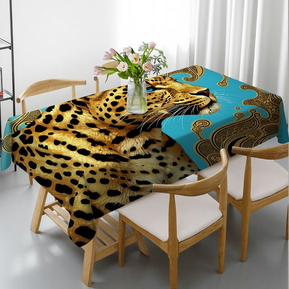 1pc Teal Abstract Marble Leopard Print Rectangular Tablecloth, 2D Flat Printing Holiday-Themed Design, Teal Abstract Marble Leopard
