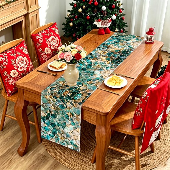 1pc Teal Beige Cracked Mosaic 2D Table Runner, Living Room Dinner Decor, Housewarming Holiday Gift Thanksgiving Christmas