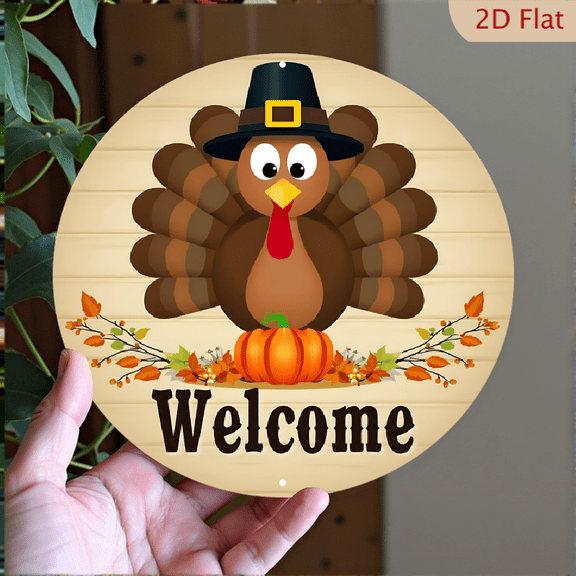 1pc Thanksgiving Metal Wall Decor - Cute Cartoon Turkey in Pilgrim Hat with Pumpkin and Autumn Leaves, "Welcome" Text, 8x8 Inch Round Aluminum Sign for Indoor/Outdoor - Harvest Home, Fall Decor