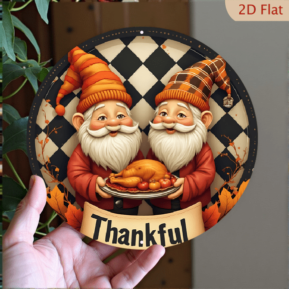 1pc Thanksgiving Metal Wall Decor - Two Gnomes Holding a Roast Turkey with Pumpkins & Autumn Leaves, "Thankful" Banner, 8x8 Inch Round Aluminum Sign for Indoor/Outdoor - Festive Home