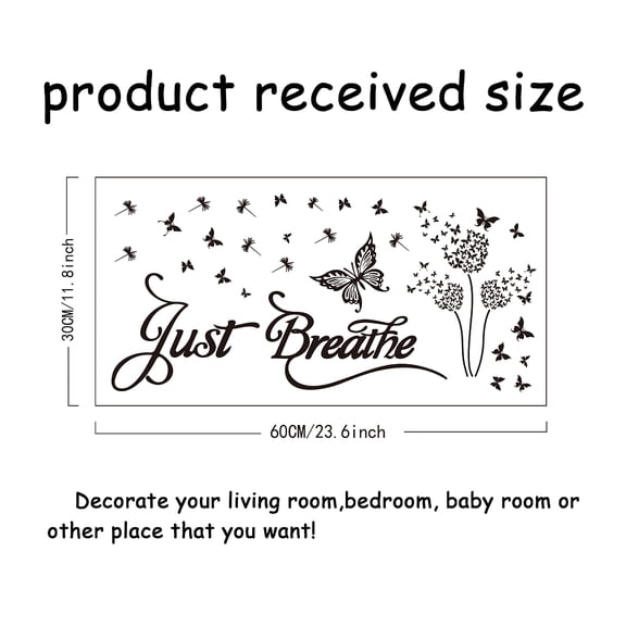 1pc Theme Wall Stickers Just Breathe Wall Decal Butterfly Dandelion Wall Art Inspirational Quotes Self-adsive Wallpaper for Room Bedroom Decorations 60x30cm