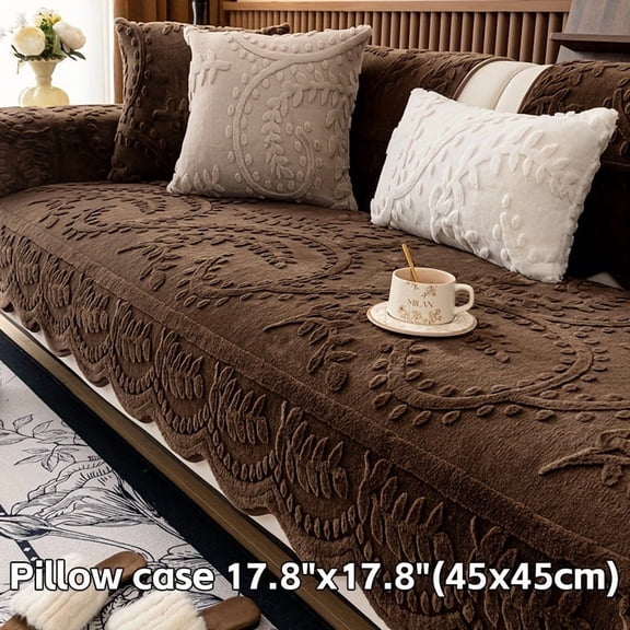 1pc Thick Faux Rabbit Fur Winter Warm Sofa Cover - Elegant Beige Floral & Leaf Pattern, Pet-Friendly Non-Slip Couch Protector for 1-4 Seater Sofas, Modern Style for Living Room, Bedroom, Office Decor