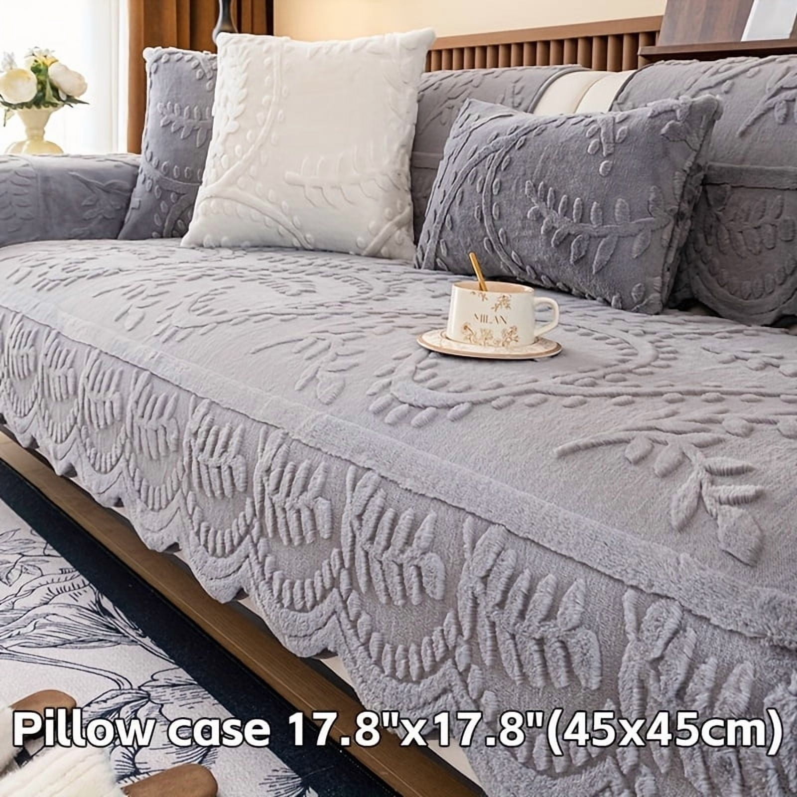 1pc Thick Faux Rabbit Fur Winter Warm Sofa Cover - Elegant Beige Floral & Leaf Pattern, Pet-Friendly Non-Slip Couch Protector for 1-4 Seater Sofas, Modern Style for Living Room, Bedroom, Office Decor