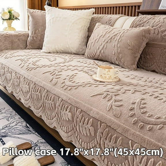 1pc Thick Faux Rabbit Fur Winter Warm Sofa Cover - Elegant Beige Floral & Leaf Pattern, Pet-Friendly Non-Slip Couch Protector for 1-4 Seater Sofas, Modern Style for Living Room, Bedroom, Office Decor