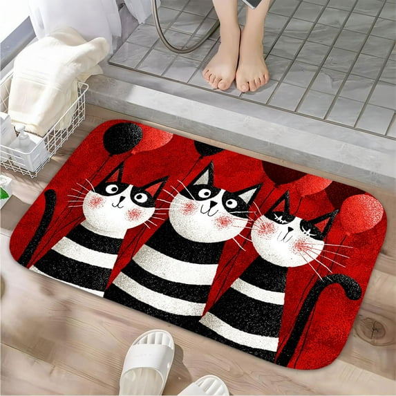 1pc Three Cats with Balloons Absorbent Non-Slip Bathroom Thickened Flannel Rug Decor,Soft,Quick Drying,Suitable For Indoor/outdoor Use,Bathrooms,Bedrooms,Kitchens,Terrace,Laundry Rooms,16"x24"