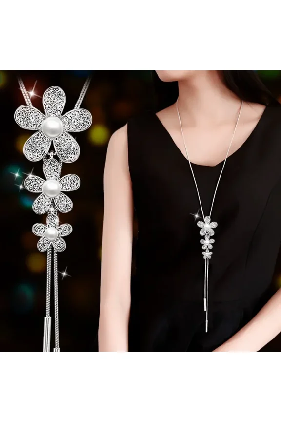 1pc Three Flower Pearl Pendant Lariat Necklace - Elegant Long Chain Design, Sweater-Friendly, Perfect Gift for Friends and Loved Ones - Ideal for Everyday Wear, Special Occasions and as a Thoughtful P