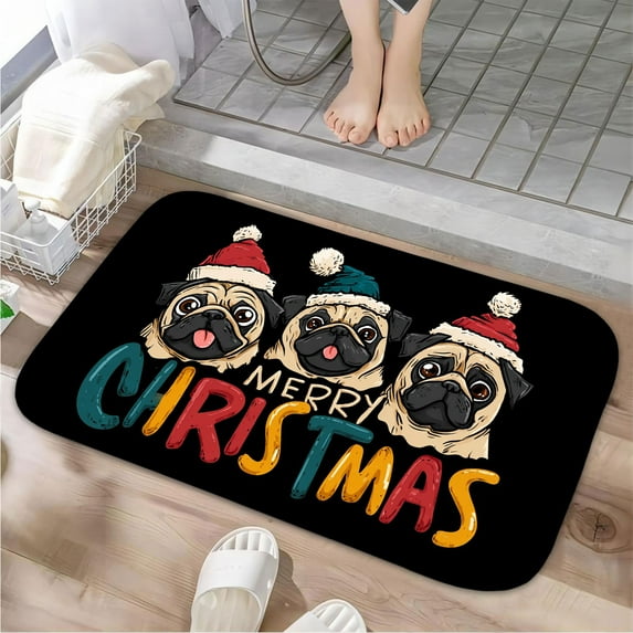 1pc Three Pug Dogs Wearing Santa Absorbent Non-Slip Bathroom Thickened Flannel Rug Decor,Soft,Quick Drying,Suitable For Indoor/outdoor Use,Bathrooms,Bedrooms,Kitchens,Terrace,Laundry Rooms,16"x24"