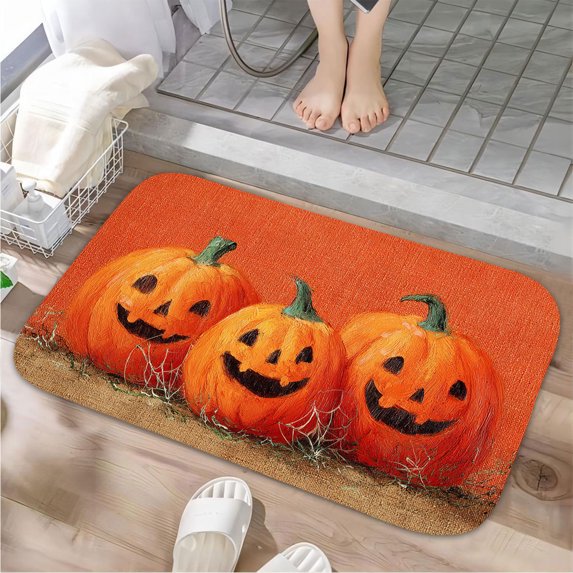 1pc Three Pumpkins for Halloween Absorbent Non-Slip Bathroom Thickened Flannel Rug Decor,Soft,Quick Drying,Suitable For Indoor/outdoor Use,Bathrooms,Bedrooms,Kitchens,Terrace,Laundry Rooms,16"x24"