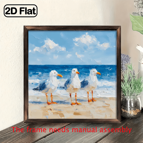 1pc Three Seagulls Beach Ocean Coastal Wall Art, 8x8'' Wooden Framed Panel Painting, Wall Decor for Home, Office, Bedroom, Living Room, Kitchen, Bar, Restaurant, Room, Painting Art Work