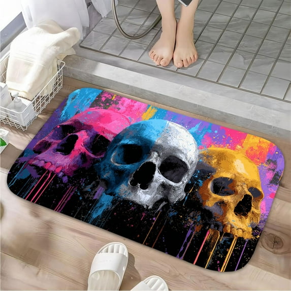 1pc Three Skulls Pattern Absorbent Non-Slip Bathroom Thickened Flannel Rug Decor,Soft,Quick Drying,Suitable For Indoor/outdoor Use,Bathrooms,Bedrooms,Kitchens,Terrace,Laundry Rooms,16"x24"