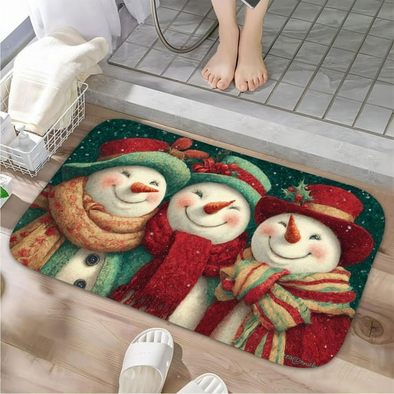 1pc Three Snowmen Absorbent Non-Slip Bathroom Thickened Flannel Rug Decor,Soft,Quick Drying,Suitable For Indoor/outdoor Use,Bathrooms,Bedrooms,Kitchens,Terrace,Laundry Rooms,16"x24"