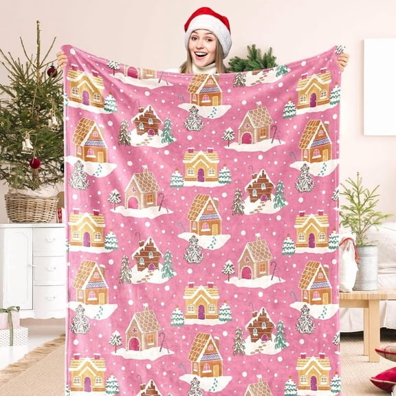 1pc Throw Pink Xmas Gingerbread House Flannel Blanket for Couch Bed Sofa Xmas Winter Soft Comfy Warm blankets for Christmas Gift
