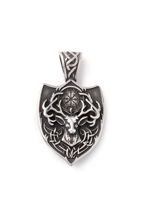 1pc Tibetan style 304 Stainless Steel Pendants Shield Antique Silver 49x28x9.5mm Hole: 8.5x5mm
