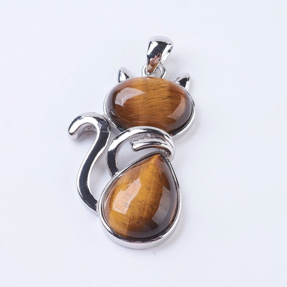 1pc Tiger Eye Kitten Pendants with Brass Findings Cat Silhouette Shape 45x27x8mm Hole: 5x7mm