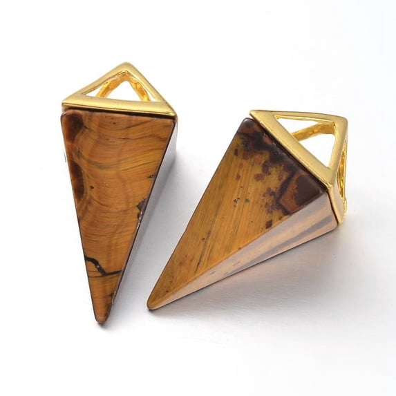 1pc Tiger Eye Point Pendulum Pendants with Golden Brass Findings 30~34x15x15mm Hole: 5x6mm
