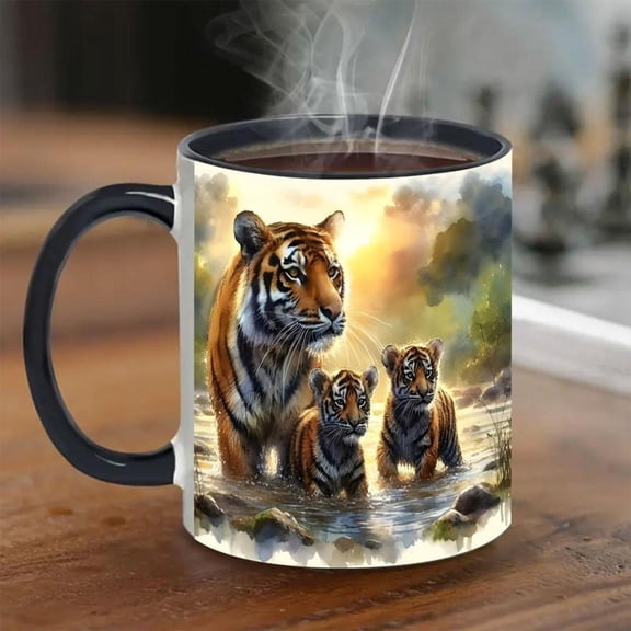 1pc Tiger Family Design Ceramic Coffee Mug 11oz Dual Sided Printed with Adult Cubs in Nature Scene Durable Ceramic Cup Hot Cold Drinks Birthday Holida