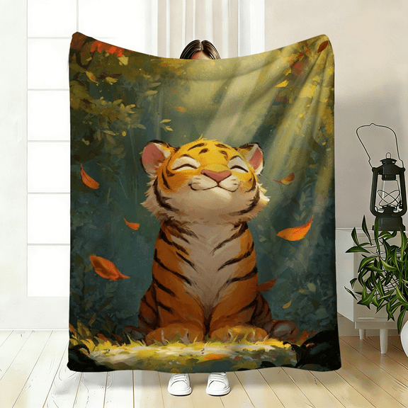 1pc Tiger In Forest HD Printed Blanket. Soft and Warm Flannel Blankets for Travel, Camping, Sofa, Livingroom, Couch, Chair, Bed. Gift for Family or Friends 280GSM 3 Sizes Available