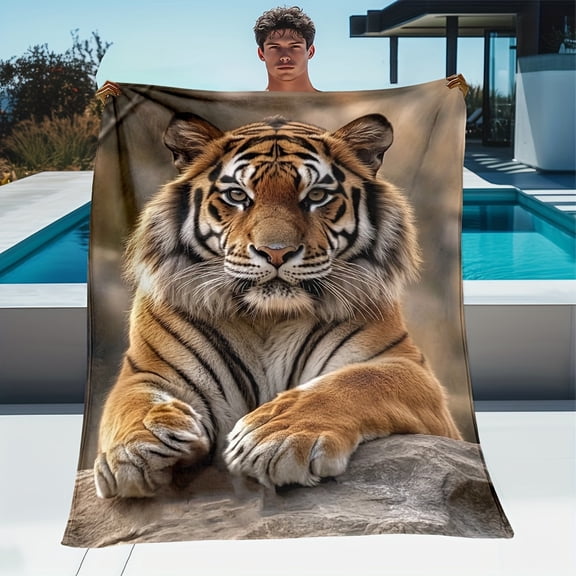 1pc Tiger Lying Down Blanket - Lightweight Flannel Throw with Realistic Tiger Print, Soft Warm All-Season Cozy Blanket for Sofa, Camping, Bed, Office