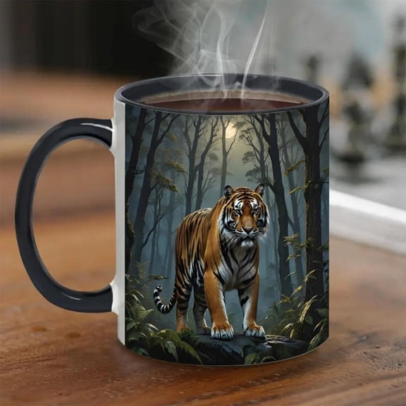 1pc 11oz Porcelain Tiger Mug with Mystical Forest Moonlight Design Black White Striped Tiger Artwork Durable Coffee Tea Cup All Seasons Elegant Wildli