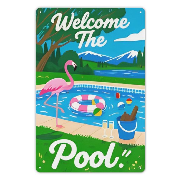 1pc Tin Sign, 8 X 12 Inch, Featuring a Vibrant Pool Scene with a Pink Flamingo And Colorful Floats, Perfect for Welcoming Guests to Your Summer Pool Parties, Suitable for Homes