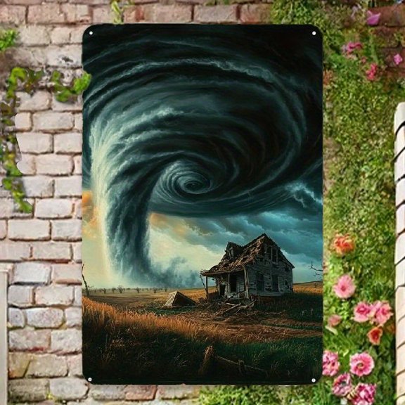 1pc Tornado Farmhouse Metal Tin Sign - Dramatic Rural Wall Art For Home, Office - 12.0x8.0inch