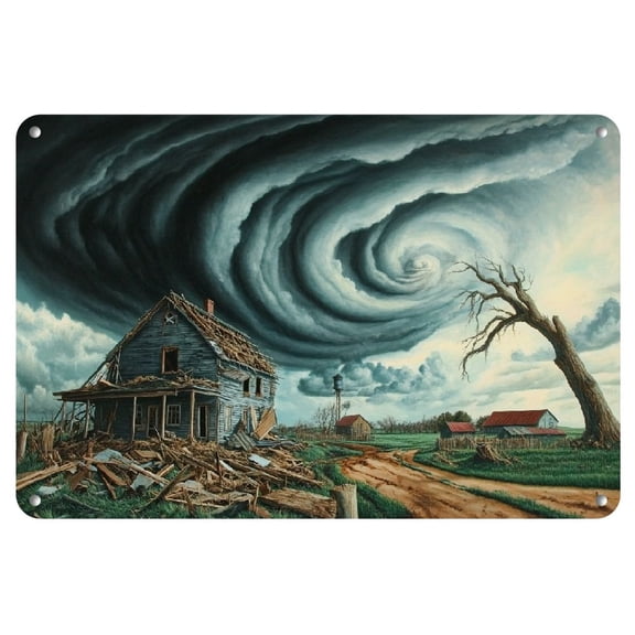 1pc Tornado Farmhouse Metal Tin Sign - Dramatic Rural Wall Art for Home, Office - 12x8in