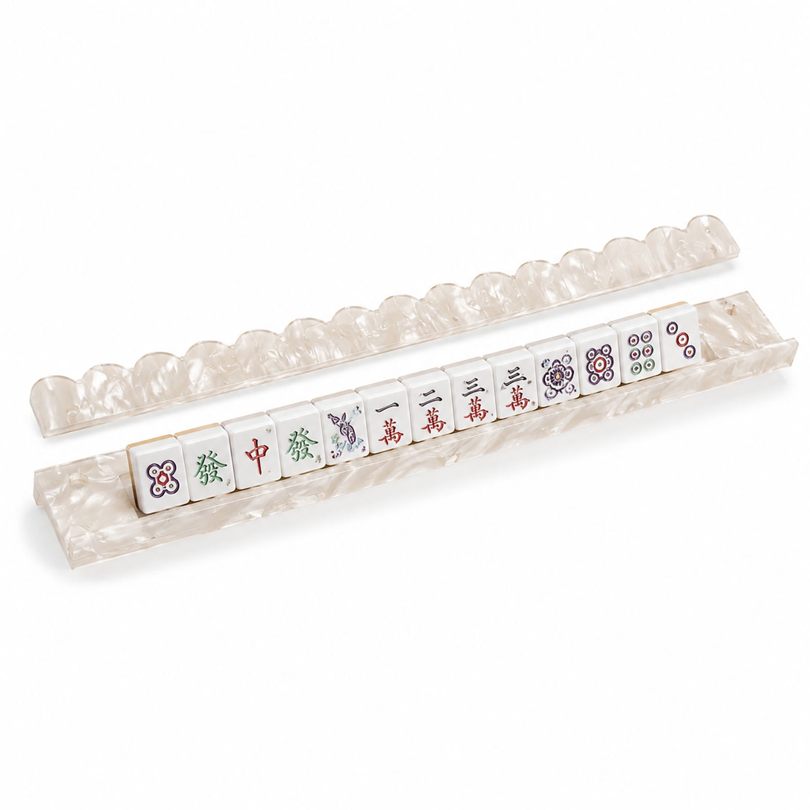 1pc Tortoise Shell Mahjong Rack with Magnetic Pusher 17.5/20 Inch Scalloped Acrylic Tile Holder for Mahjong, Single One