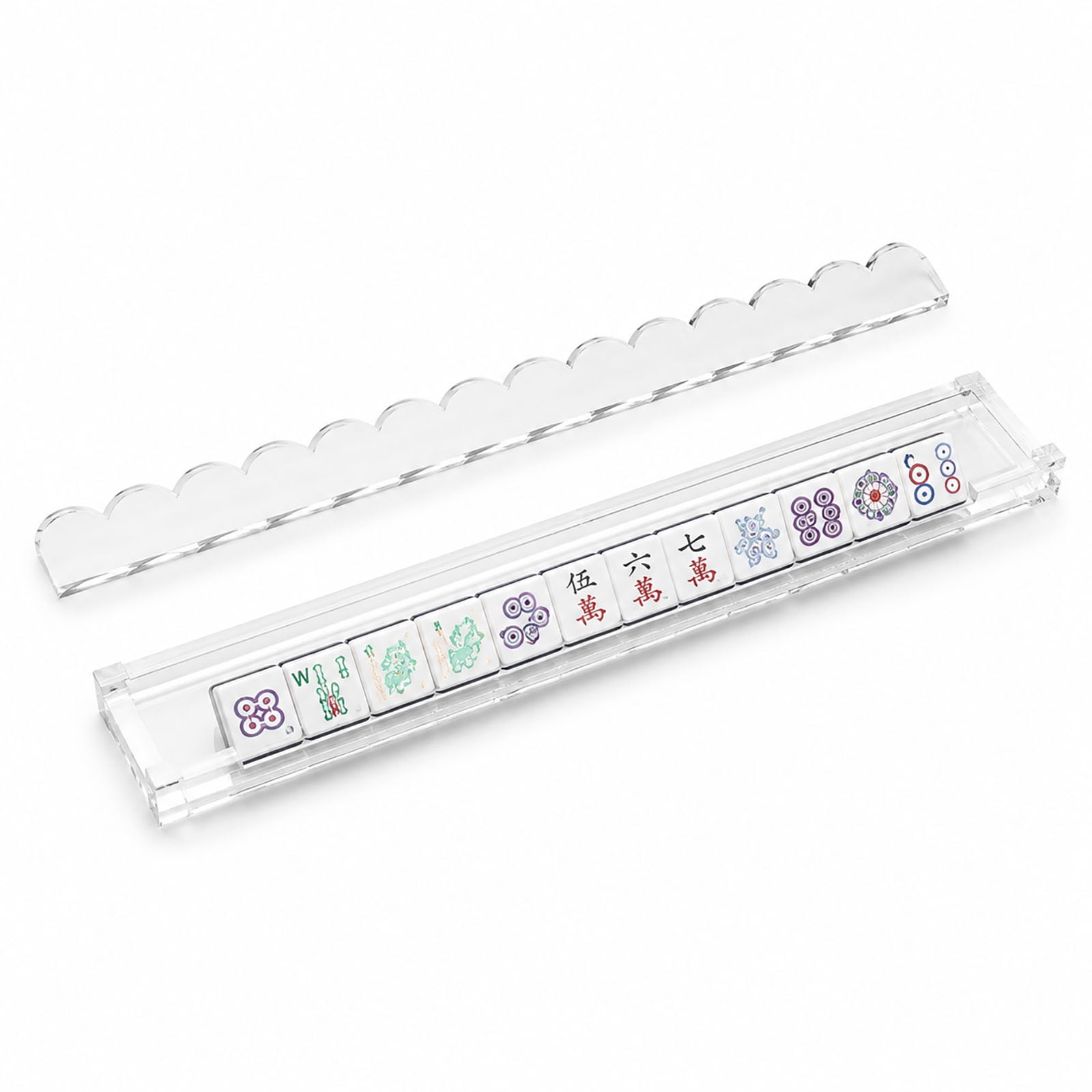 1pc Tortoise Shell Mahjong Rack with Magnetic Pusher 17.5/20 Inch Scalloped Acrylic Tile Holder for Mahjong, Single One