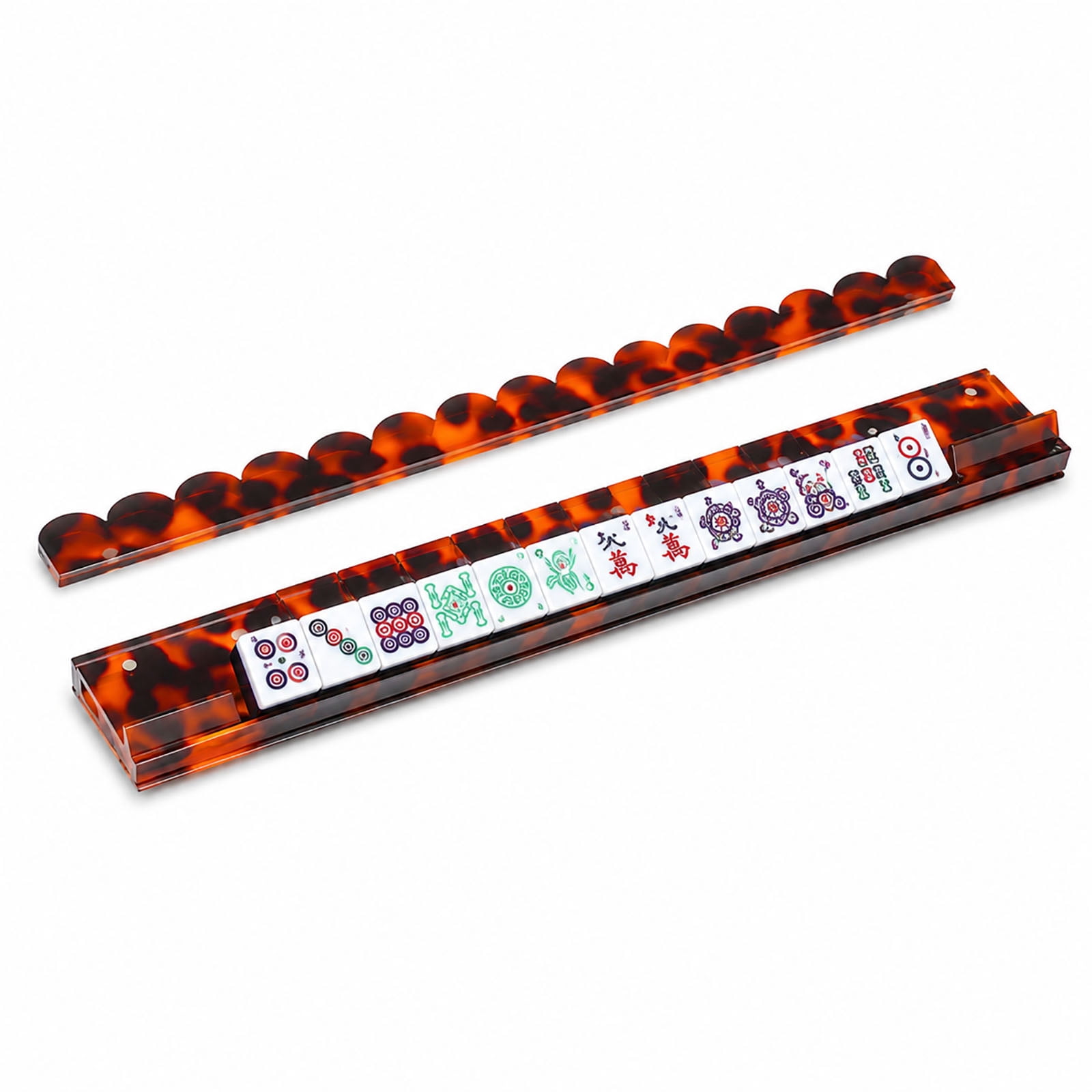 1pc Tortoise Shell Mahjong Rack with Magnetic Pusher 17.5/20 Inch Scalloped Acrylic Tile Holder for Mahjong, Single One