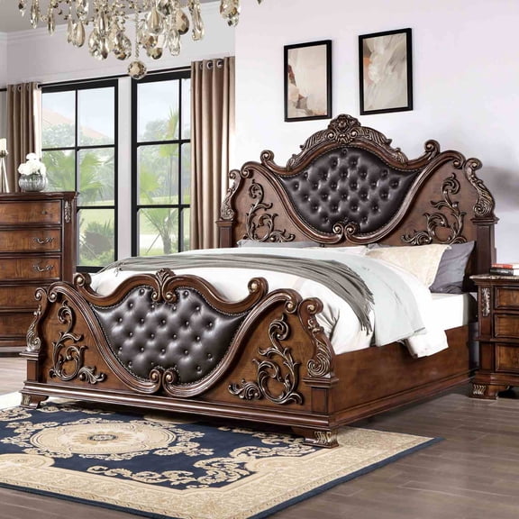 1pc Traditional Queen Size Tufted Headboard Upholstered Faux Wood Carved Details Bed Brown Cherry Bedroom Furniture