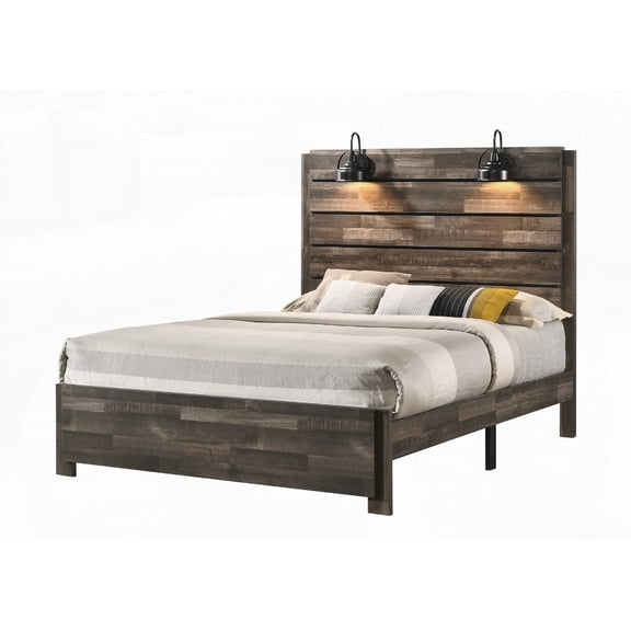 1pc Traditional & Rustic Style Queen Size Bed Featuring Decking Headboard and Platform Bed in One Box